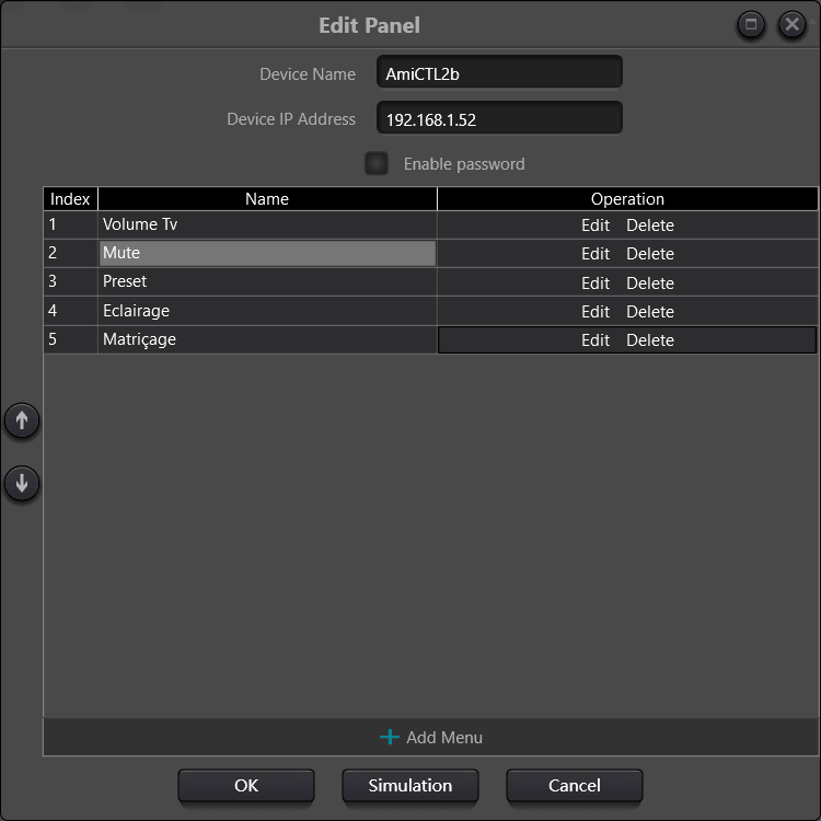 Édition du panneau d’un AmiCTL2 depuis AmiControl&nbsp;: menus Volume TV, Mute, Preset, Éclairage et Matriçage, avec simulation
